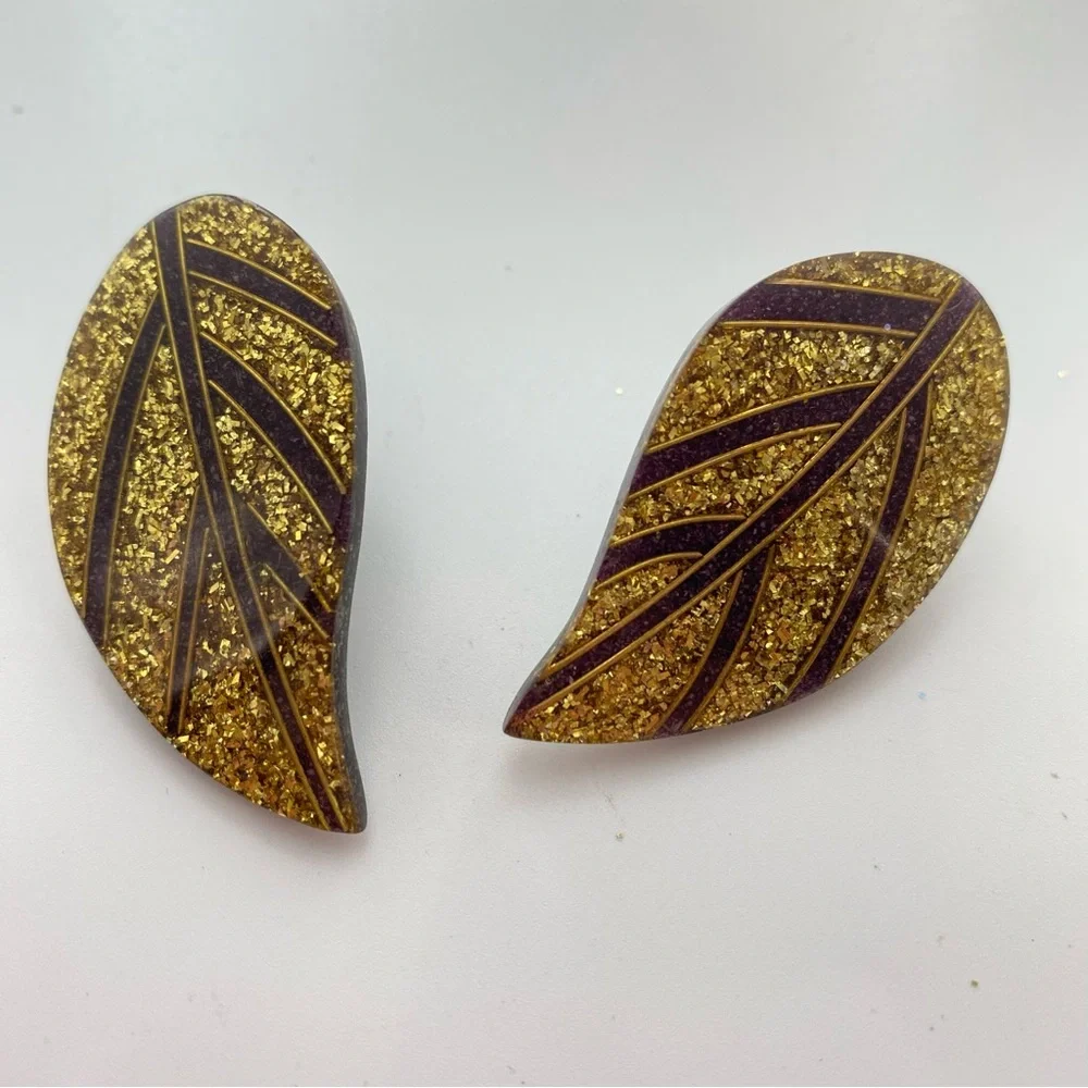 Gold and Brown Leaf Earrings Enamel Sparkly Pierced Post Autumn Fall